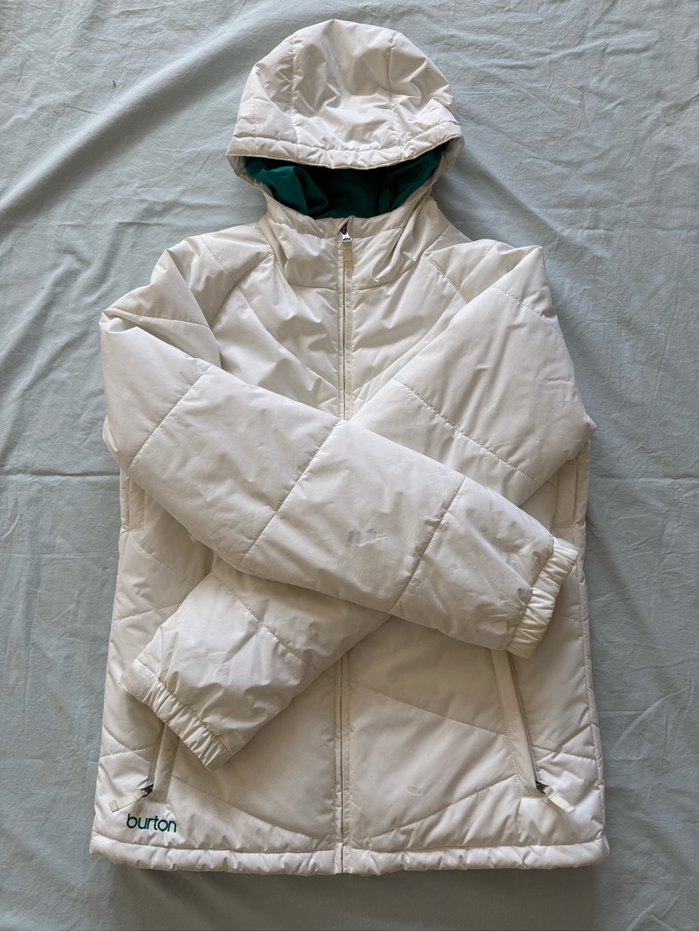 Burton White Hooded Insulated Puffer Jacket with Teal Lining